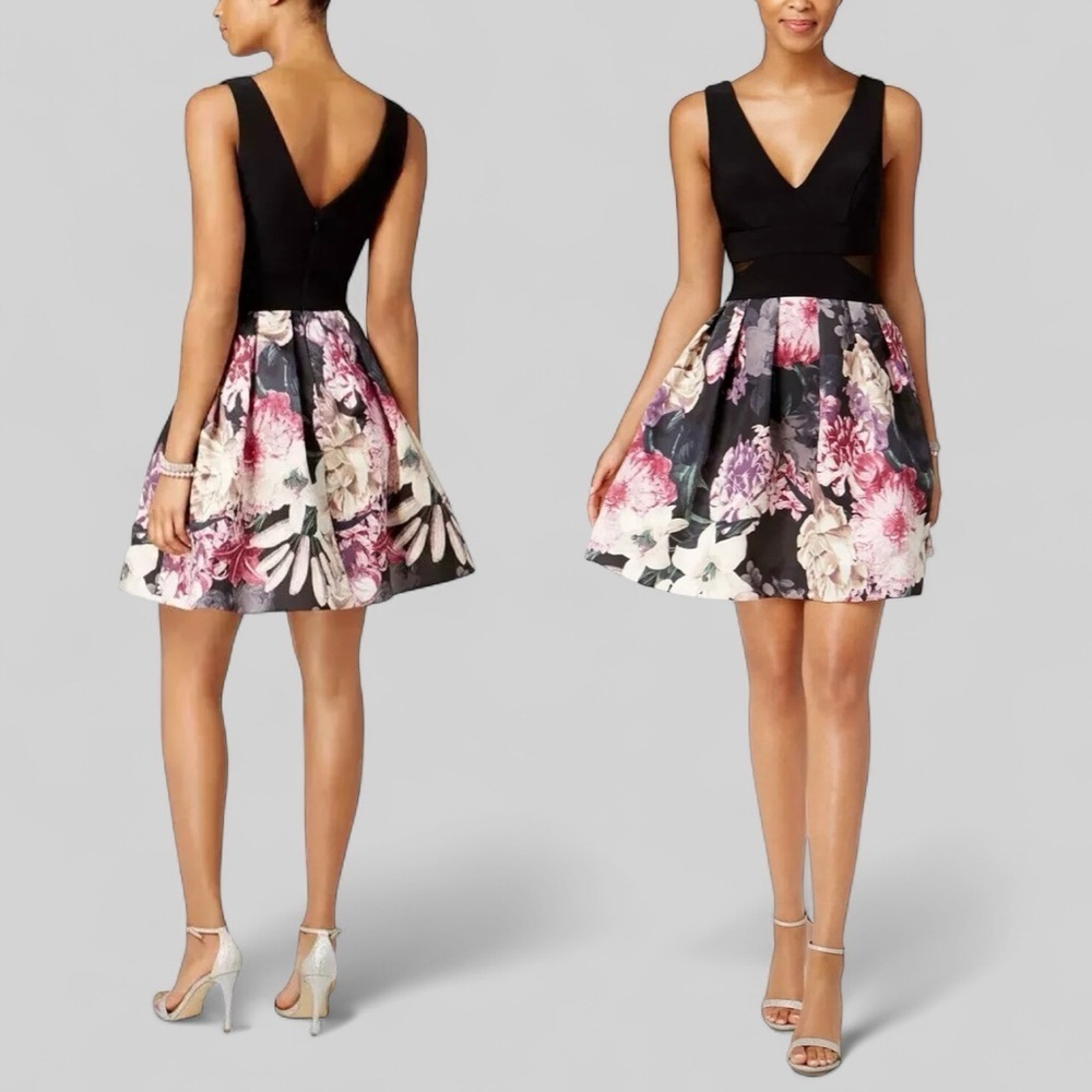NWT Xscape Black & Pink Floral Fit-and-Flare Dress